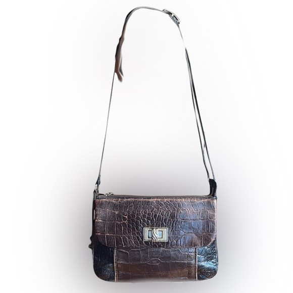 Brighton Ann Marie Bag Black Pearl Chocolate Brown Crocodile Embossed Crossbody - Picture 4 of 17